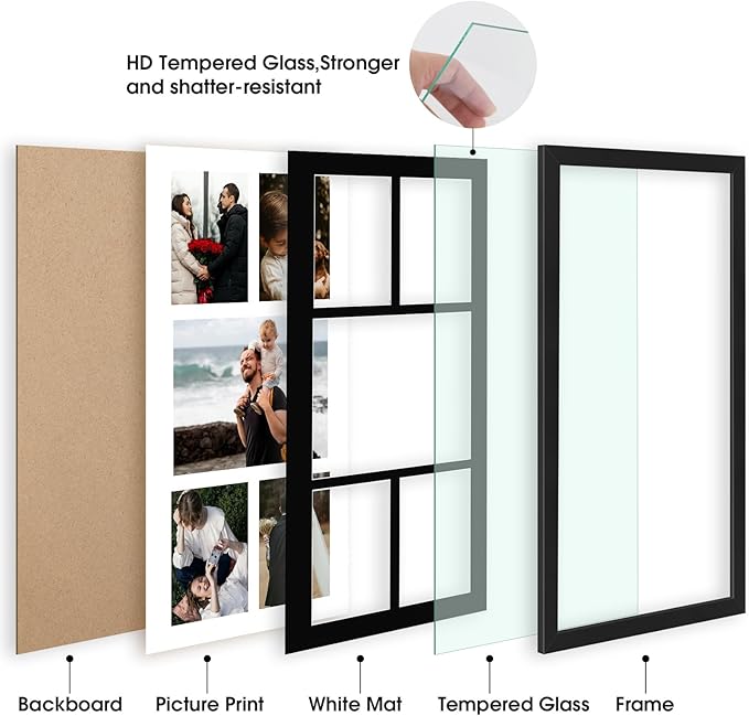 Golden State Art, Set of 2, 12x24 Black Wood Picture Frame - Black Mat for 8x10 And 5x7 Photos - Tempered Glass, Sawtooth Hanger, Swivel Tabs - Wall Mounting - Great for Gift