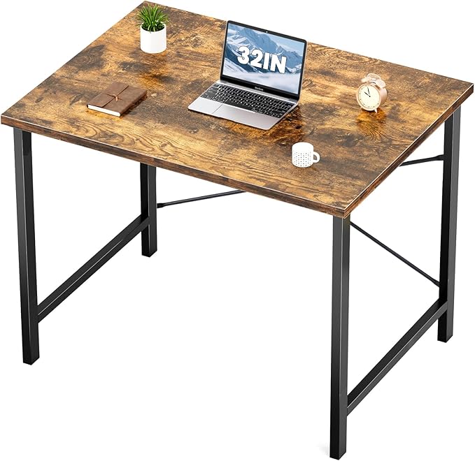 Sweetcrispy Computer Small Office Desk 32 Inch Student Kids Study Writing Work with Metal Frame Wood Tabletop Modern Simple PC Home Bedroom Table - Rustic Brown