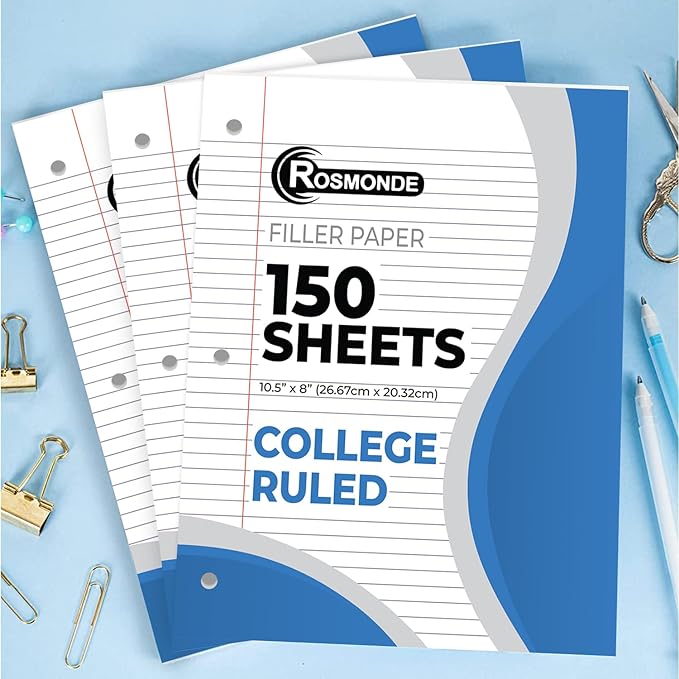 Rosmonde 6 Pack Loose Leaf Paper, 900 Sheets, College Ruled, 8" x 10.5", Bulk Office Filler Paper, 150 Sheets/Pack, 3 Hole Punched, College Ruled Paper for 3 Ring Binder, Notebook Paper, White