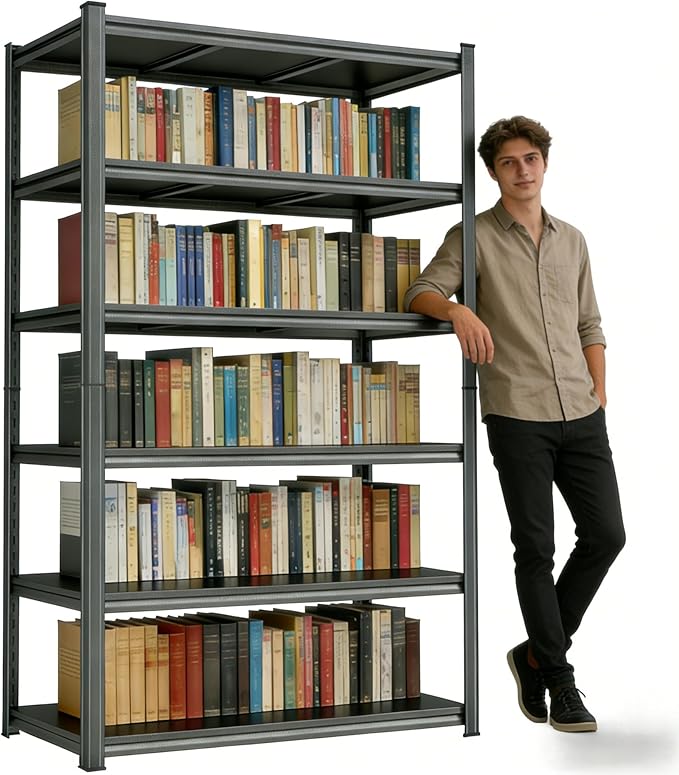 6-Tier Metal Bookshelf, Modern Black Book Shelf, 1800LBS Industrial Tall Display Bookcase, Adjustable Bolt-Free Storage Shelves for Living Room, Bedroom, Kitchen, 36" W x16 D x78 H