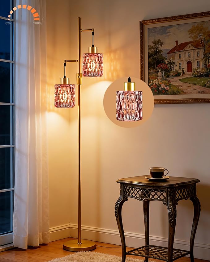 Lightdot 65IN Industrial Gold Floor Lamp for Living Room, 2- Light Rose Red Glass Floor Lamps with 3000K Warm White Bulbs, Modern Tree Standing Tall Lamp for Bedroom Office