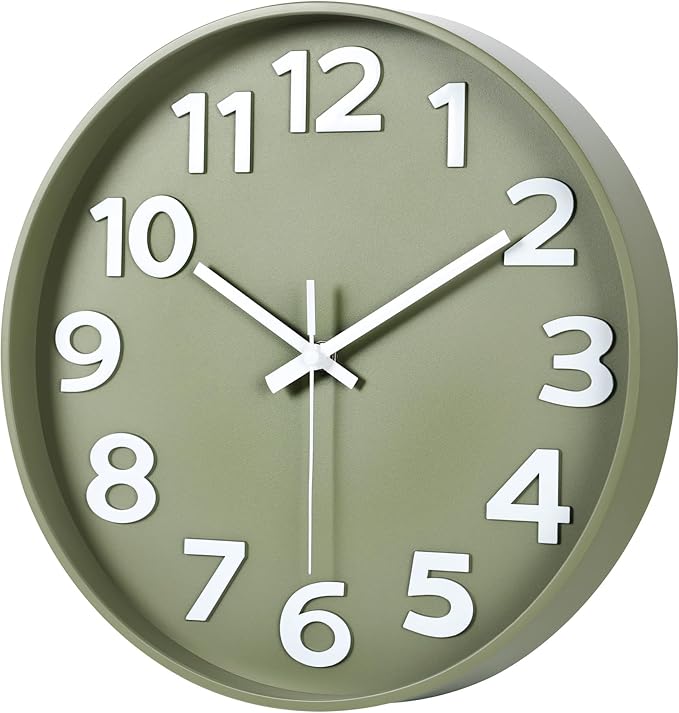 45MinST 12 Inch 3D Number Dial Face Modern Indoor Outdoor Clock, Silent Non-Ticking Round Home Decor Wall Clock with Arabic Numerals, Colorful Dial Face (Olive Green)