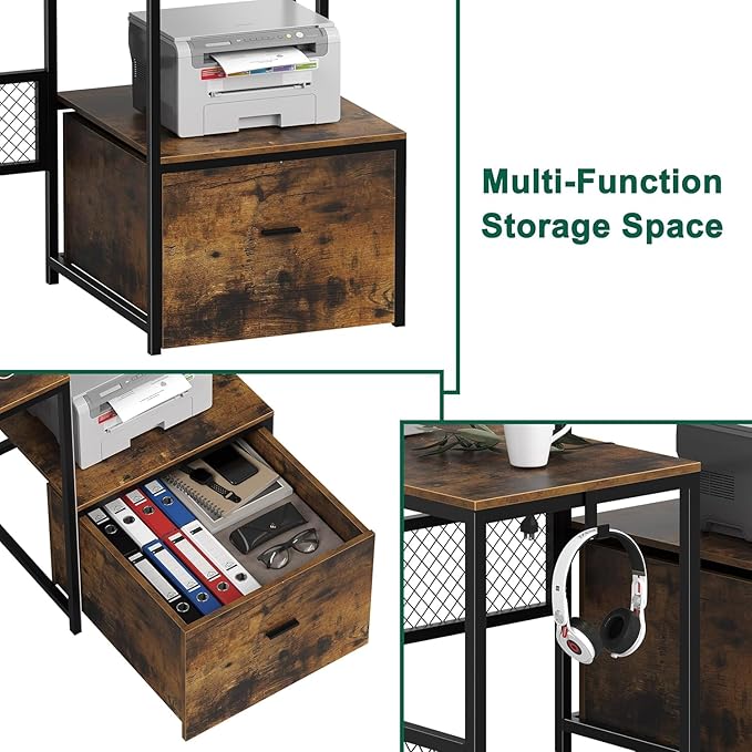 L Shaped Desk with Drawers, 66" Home Office Desk with Power Outlet and Led Strip, Computer Desk with Storage Shelves & Monitor Stand, Large Corner Desk Gaming Desk, Rustic Brown