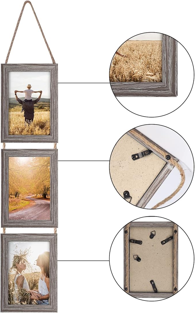 Lavezee 4x6 Collage Hanging Triple Picture Frames Set, Rustic 6 Opening Vertical Frame Made to Display 4 by 6 Inch Photo Postcard for Wall Decor