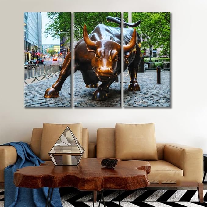 TUMOVO Canvas Wall Art 3 Piece Full of Courage and Strength Wall Street Bull Picture Print on Canvas America Landscape Poster Artwork for Living Room Dining Room Bedroom Ready to Hang - 42" Wx28 H