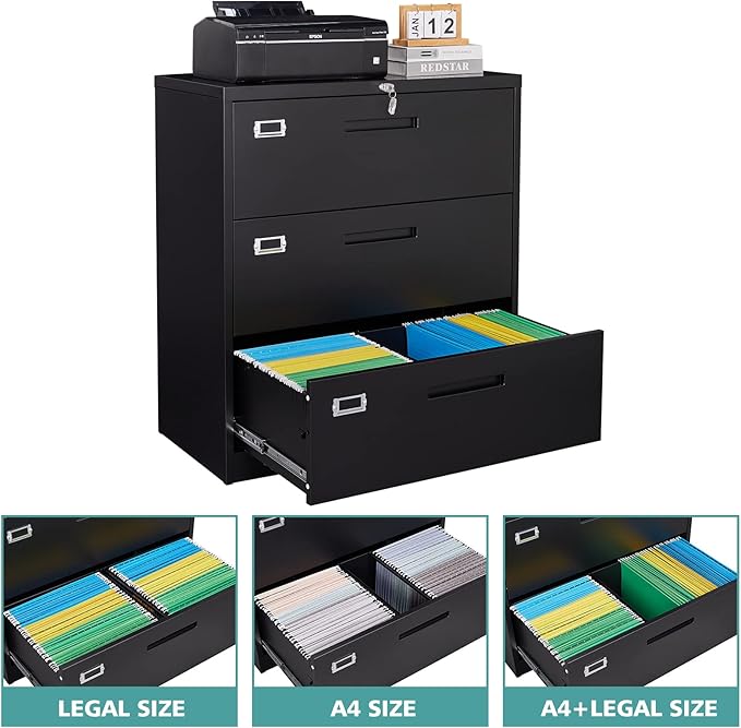 MIIIKO Lateral File Cabinet 3 Drawer, Metal Filing Cabinet with Lock for Home Office, Large Storage File Organizer for Hanging File Folders,Easy Assemble