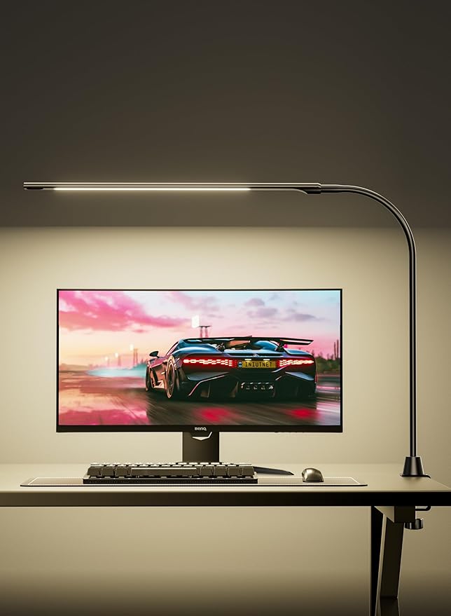 deeloop CRI 95+ LED Desk Light,16 Inches Ultra-Long Bright Desk Lamp, 5 Brightness Dimming 4000K Office Lamp with 360° Head Rotation Clamp Light for Home Office Working Black