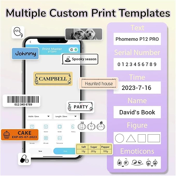 Label Printer, P12 Portable Bluetooth Label Maker Thermal Transfer Printing with Multiple Templates for Storage, Office, Home(Black)