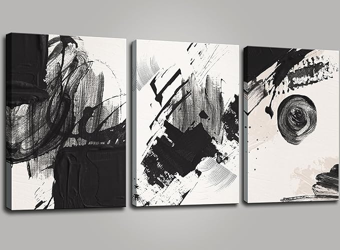 weiyiart Black and White Abstract Canvas Wall Art Set,Modern Bathroom Wall Decor Nordic Calm/Zen Print Art Decorative for Living Room, Bedroom, Office Decor 12x16x3pcs