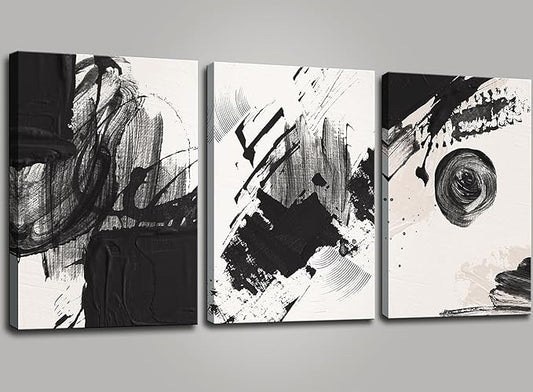 weiyiart Black and White Abstract Canvas Wall Art Set,Modern Bathroom Wall Decor Nordic Calm/Zen Print Art Decorative for Living Room, Bedroom, Office Decor 12x16x3pcs