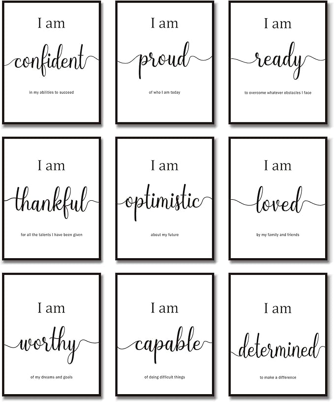 Outus 9 Pieces Inspirational Motivational Wall Art Office Bedroom Wall Art,Daily Positive Affirmations for Men Women Kids Inspirational Positive Quotes Sayings Decor(White)