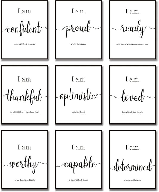 Outus 9 Pieces Inspirational Motivational Wall Art Office Bedroom Wall Art,Daily Positive Affirmations for Men Women Kids Inspirational Positive Quotes Sayings Decor(White)