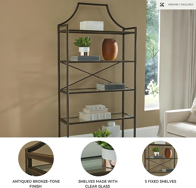 Signature Design by Ashley Bernonly Traditional Metal Etagere 72" Bookcase with 5 Glass Shelves, Metallic
