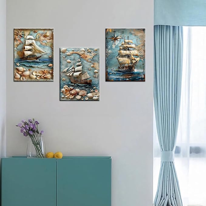 Abstract Sailboat Poster Canvas Wall Art Home Decor Vintage Ocean Creatures Seashell Starfish 3 Pieces Picture Print Artwork for Modern Home Bedroom Office Hotel Stretched and Framed [48''Wx24''H]