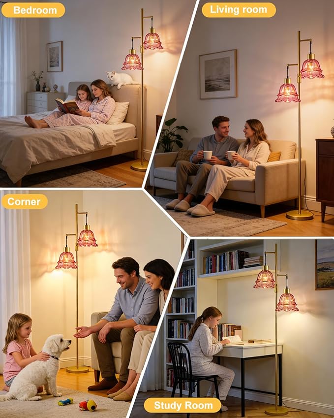 Lightdot 65IN Gold Flower Floor Lamp for Living Room, 2- Light Dimmable Floor Lamps with Deep Red Glass Lampshade,3000K Warm White Modern Standing Tall Lamp for Bedroom Sofa Beside Corner Decor