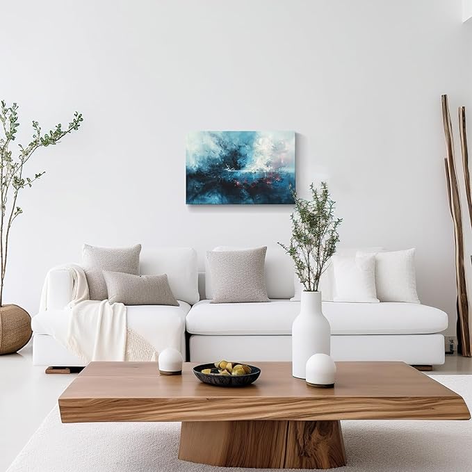 gaosoul Modern Abstract Canvas Wall Art Blue Graffiti Painting on White Background Stylish Framed Minimalism Artwork Prints for Living Room Bedroom Office Decor 24x16in