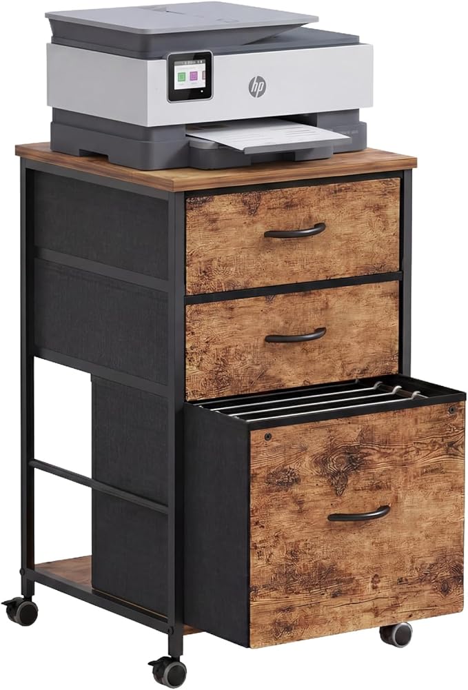 Mobile File Cabinet with Fabric Drawer,Rustic Brown File Cabinets for Home Office, Rolling Printer Stand with Storage, Filing Cabinet fits A4 or Letter Size for Home Office