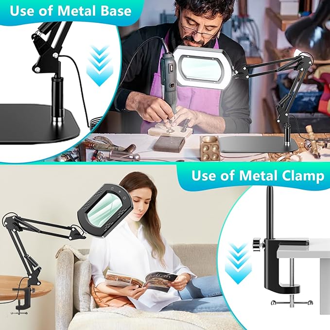 10X Magnifying Glass with Light and Stand 11" Base 5 Color Modes Dimmable LED Desk Magnifying Lamp with Clamp Hands-Free Lighted Magnifier for Reading Craft Sewing Close Work Diamond Painting
