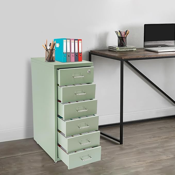 6 Tiers Metal File Cabinet with 6 Drawers Vertical Filing Cabinet with Lock & Wheels Freestanding Locking Storage Cabinet for Home Office, 11 * 16 * 27in (Green)