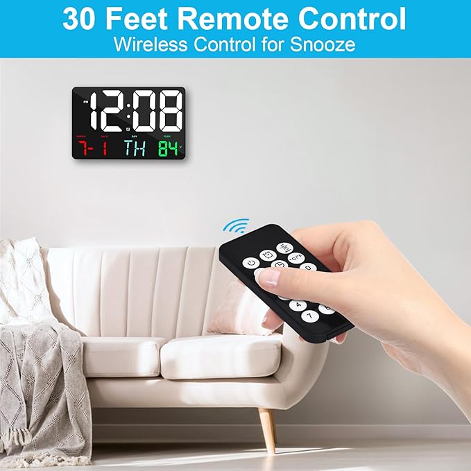 Amgico Digital Alarm Clock with Snooze, Temperature, Auto Dimming, 11.5" Large Display Calendar, Desk/Wall Clock for Bedroom, Living Room, Office, Home, Classroom, Kids, Elderly - Colorful