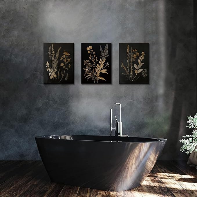TUEASKY 3 Piece Floral Canvas Wall Art Dark Moody Wall Decor Botanical Pictures Wildflower Paintings 3 pieces Flower Prints for Bedroom Living Room