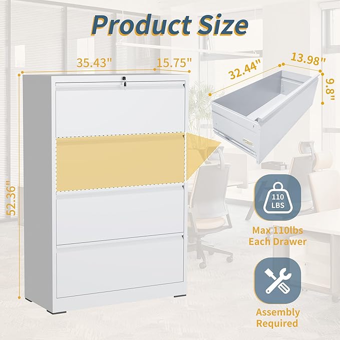 4 Drawer File Cabinet with Lock, Lateral Filing Cabinets,Metal Storage Filing Cabinets for Home Office, Heavy Duty File Cabinet for Letter/Legal/A4/F4 Size Amsseble Required, White
