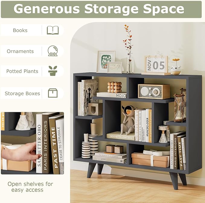 Tangkula Geometric Bookshelf, 3 Tier Modern Freestanding Open Bookcase with Anti-Tipping Devices & Legs, Home Office Decorative Storage Organizer Display Shelf for Living Room Study (Dark Grey)