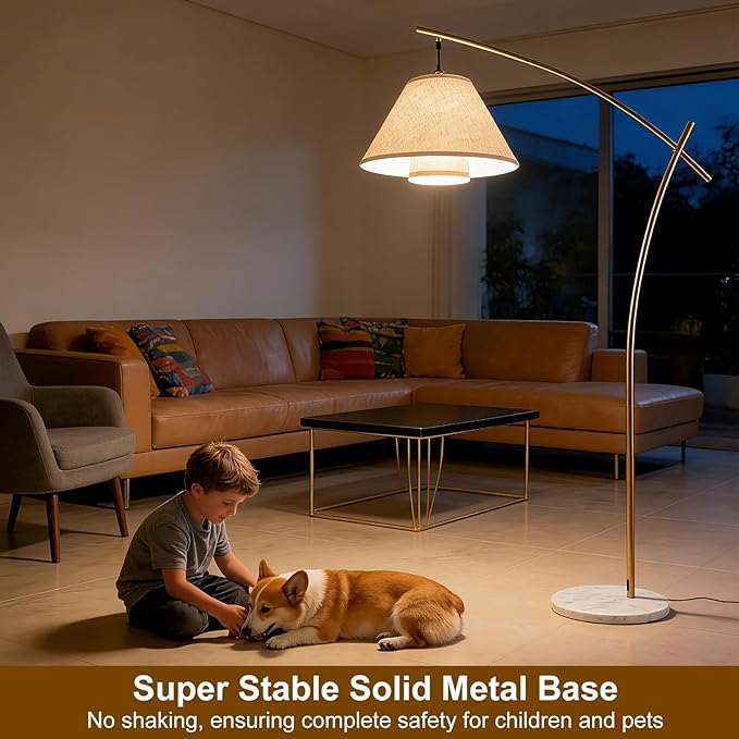 Lightdot Arc Floor Lamp for Living Room, Modern Standing Tall Lamps with Double Linen Lampshade, Tall Hanging Pole Lamp with Bulb Included for Bedroom Sofa Beside/Corner Decor - Gold