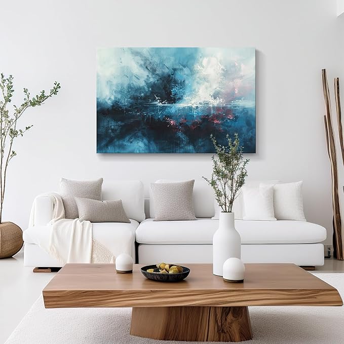 gaosoul Modern Abstract Canvas Wall Art Blue Graffiti Painting on White Background Stylish Framed Minimalism Artwork Prints for Living Room Bedroom Office Decor 48x32in