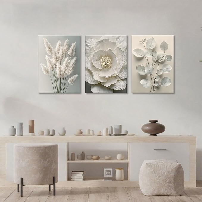 TUEASKY 3 Piece Canvas Wall Art Floral Wall Decor Neutral Pictures Flower Art Prints Botanical Paintings Beige Artwork For Bedroom Living Room