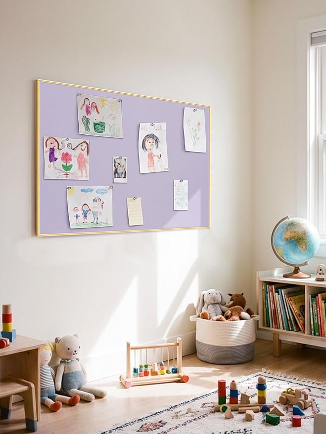 Bulletin Board 40 x 30 inches, Light Lavender Pin Board, Golden Aluminum Framed Fabric Cork Board with 10 Push Pins