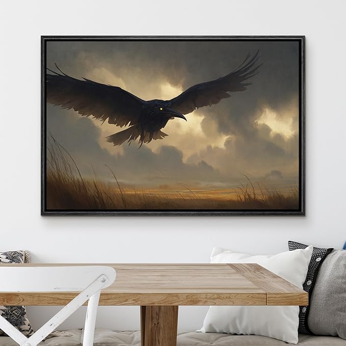 MUDECOR Framed Canvas Print Wall Art Majestic Crow Flying Through Stormy Skies Illustrations Minimalism Decorative Relax Colorful for Living Room, Bedroom, Office - 24"x36" BLACK