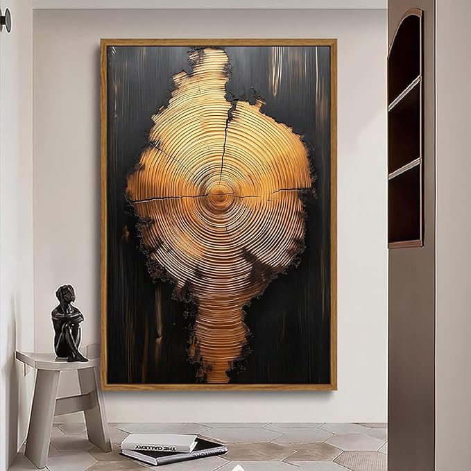 IBHJSART Framed Tree Ring Canvas Wall Art Black And Gold Wall Art Painting Prints Modern Minimalist Pictures Neutral Nature Rustic Farmhouse Decor Living Room Bedroom Bathroom Office