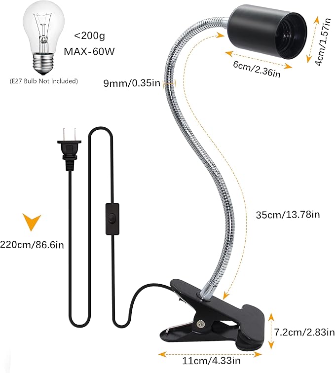 Clip Lamp Holder Adjustable Switch Clip Light Flexible Clip lamp Holder Clip Desk Lamp Socket Adjustable Light Stand Clamp Lamp Base Light Socket Gooseneck for Bedroom Lighting