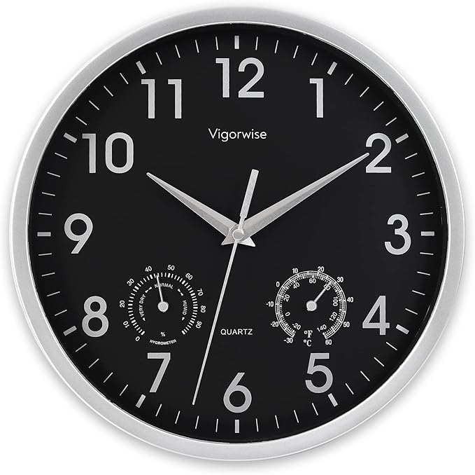 Wall Clock, Sweep Silent Movement Accurate Clocks with Temperature & Humidity, Decorative for Kitchen/Living Room/Bedroom/Office/Bathroom/Classroom (Silver, 10 inch)