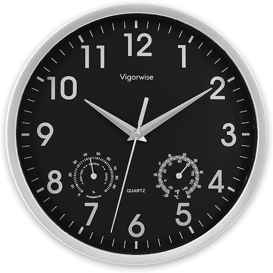Wall Clock, Sweep Silent Movement Accurate Clocks with Temperature & Humidity, Decorative for Kitchen/Living Room/Bedroom/Office/Bathroom/Classroom (Silver, 10 inch)
