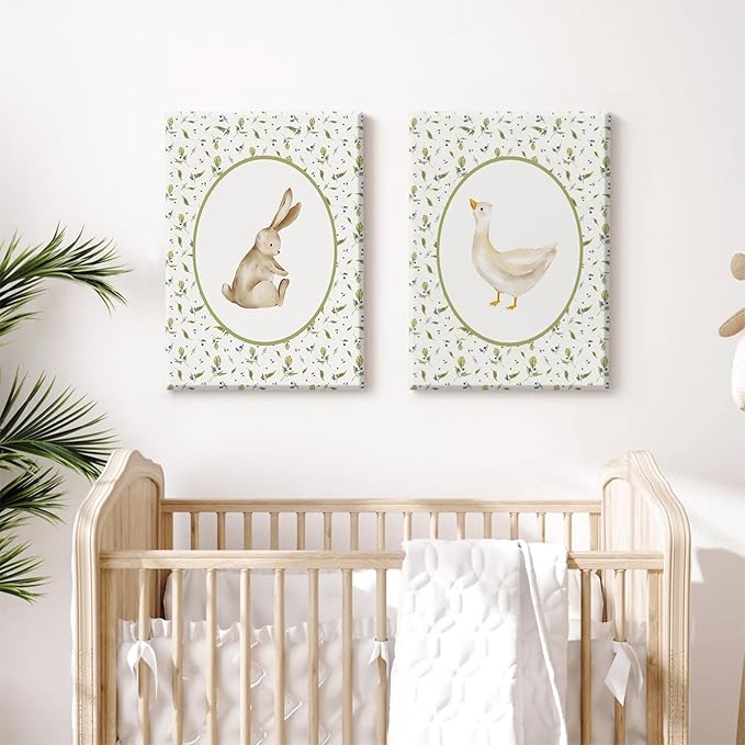 Vintage Nursery Wall Art Cute Goose Canvas Poster Bunny Wall Decor Baby Kids Poster Rabbit Duck Prints Cute Animal Pictures Pale Green Painting Artwork for Gallery Bedroom 12x16x2 Inch Ready to Hang