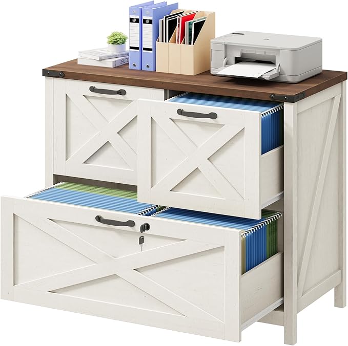 Lateral File Cabinet with 3 Drawers, Farmhouse File Cabinet with Lock for Letter/Legal/A4 Size Hanging Files, Wood File Storage Cabinets Printer Stand for Home Office Cabinets, Rustic White and Brown