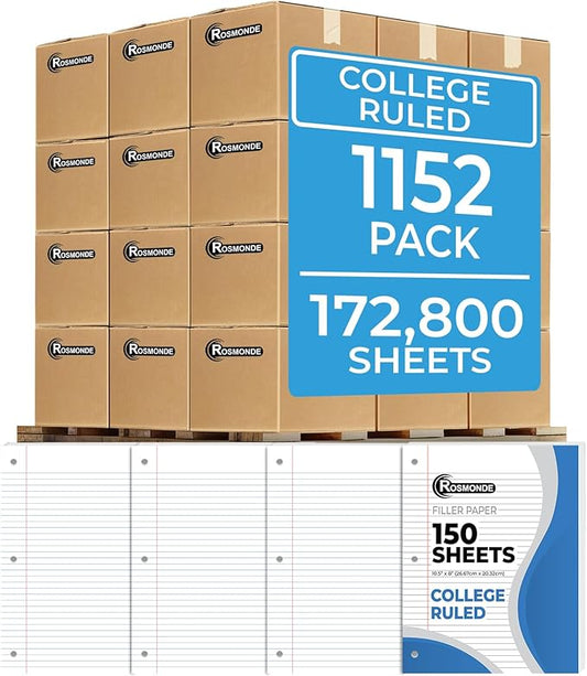 Rosmonde 1152 Pack (Pallet) Loose Leaf Paper Bulk, 172800 Sheets,College Ruled, Pallet of Filler Paper, 150 Sheets/Pack, 8 x 10.5",3 Hole Punched, Thick Sheets, School & Office, 4-7 Days Transit