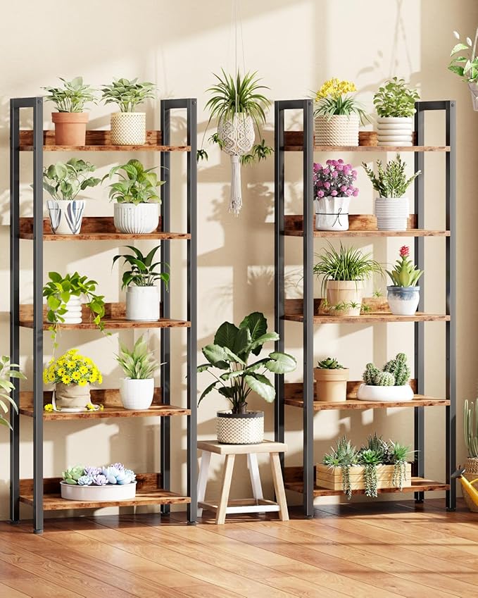 Furologee 5-Tier Bookshelf Set of 2,Tall Bookcase with 2 Drawers and Shelves, Industrial Display Free Standing Shelf Units, Storage Rack Organizer for Bedroom, Living Room, Home Office, Rustic Brown
