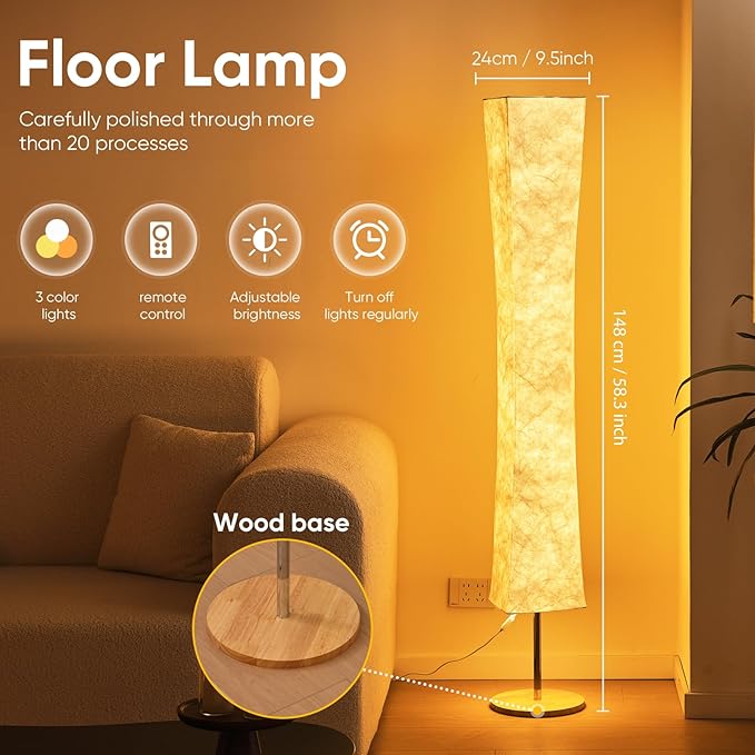 Soft Light Floor Lamp, 58 inch Simple Design Morden 3 Color Lighting Remote Control LED lamp with Tyvek Fabric Shade,Brightness Adjustable for Living Room Bedroom Game Room