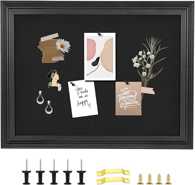 Bulletin Board with Felt, Black Wood Framed Display Bulletin Board for Walls with Pins, Eye Bolts, gaskets, Screws, Pin Board for Office, School and Home(MZB-BK,3343,1P)