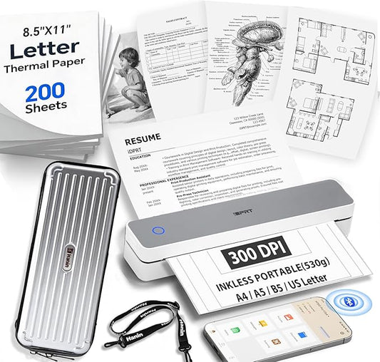 Inkless Portable Printer for Travel, Wireless Thermal Printer with 1 Case and 200pcs Paper Kit Supports 8.5 x 11" US Letter, A4, 610Pro 300DPI Small Bluetooth Printers for Phone Home Office Car, Grey