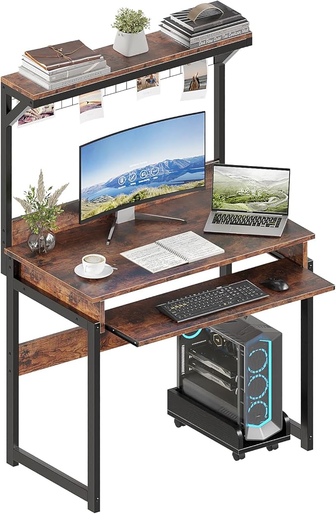 ALISENED 31.5" Small Computer Desk with Hutch, Office Desk Study Table Writing Desk Workstation PC Table for Home Office, Space Saving Design