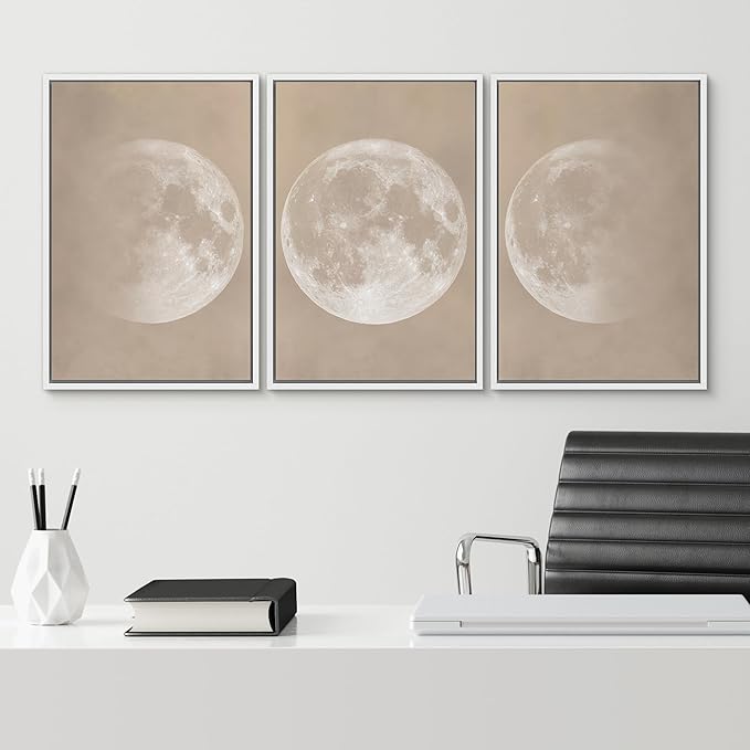 SIGNWIN Framed Canvas Print Wall Art Full Moon Minimalist Beige and Black Toned Lunar Nature Wilderness Modern Art Cool for Living Room, Bedroom, Office - 24"x36"x3 White