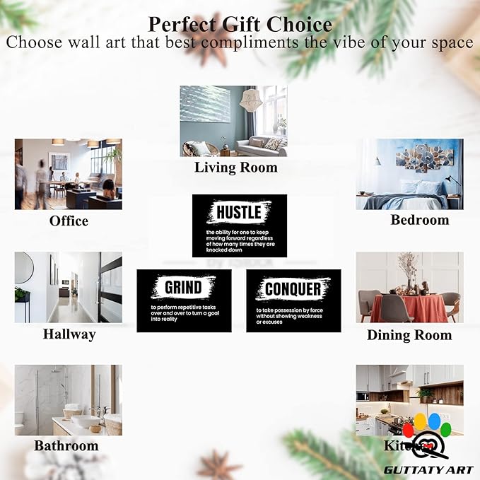 Office Wall Art - 3 Panel Motivational Wall Art, Inspirational Quotes Canvas Art for Home Office Wall Decor, Positive Quotes Wall Decor, Entrepreneur Grind Hustle Execution Poster Frame (16”x24”x3Pcs)