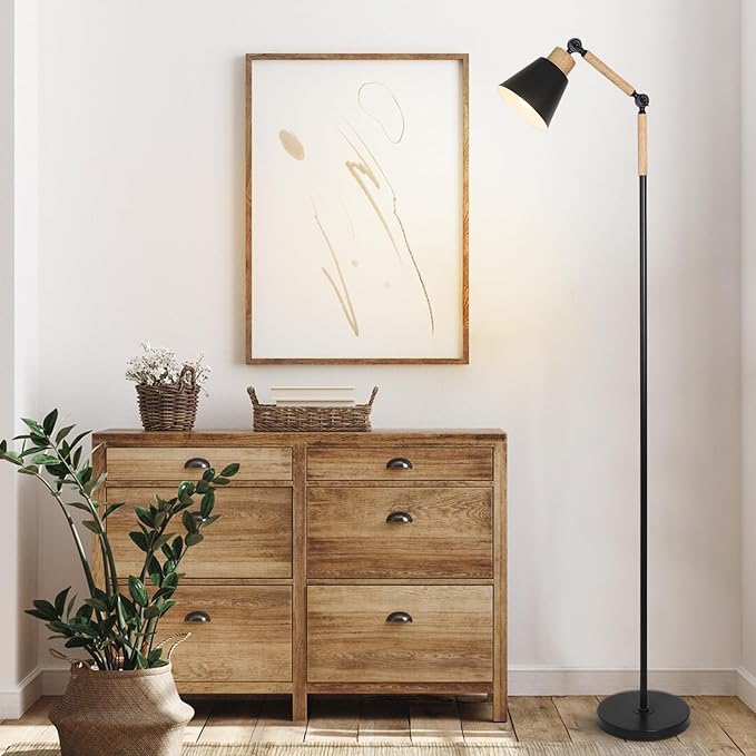 HMVPL Farmhouse Floor Lamp for Living Room, Rustic Standing Lamp with 5W 3000K Bulb, Wood Corner Floor Lamp with Foot Switch, Height Adjustable, Boho Pole Tall Lamp for Bedroom Reading Office Nursery