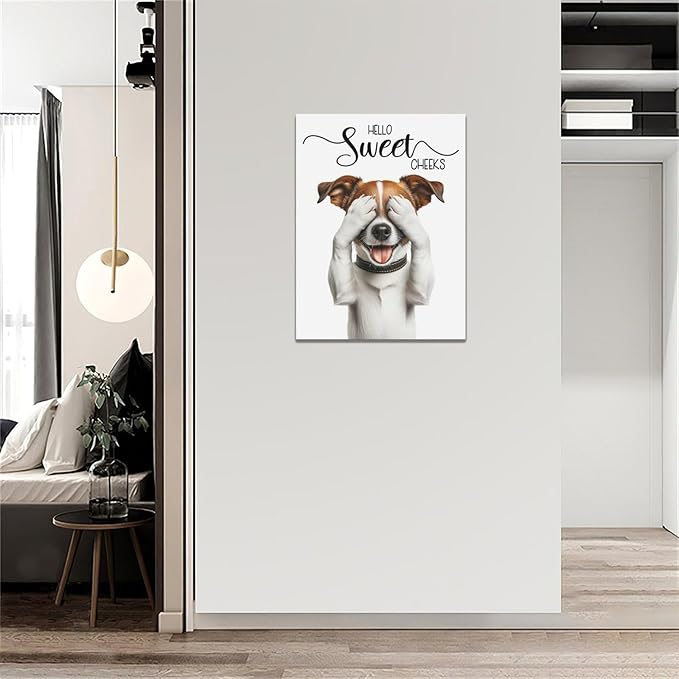 Bathroom Dog Wall Art Funny Dog Pictures Wall Decor Hello Sweet Cheeks Toilet Bathroom Canvas Painting Home Modern Artwork Decorations Framed for Restroom 12 x 16 inch