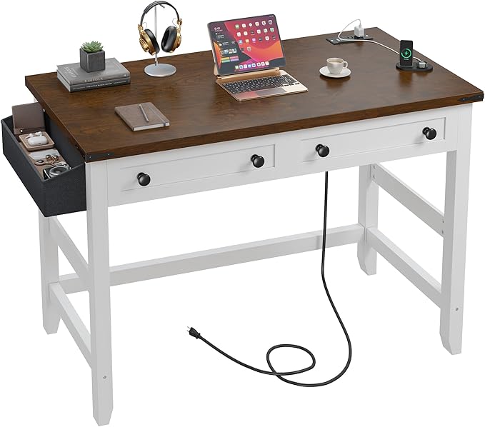 EnHomee 40" Computer Desk with Drawers, Small Desk with Power Outlets for Bedroom and Home Office, Writing Desk with Drawers and a Side Pocket, Vanity Desks for Bedroom, Brown+White