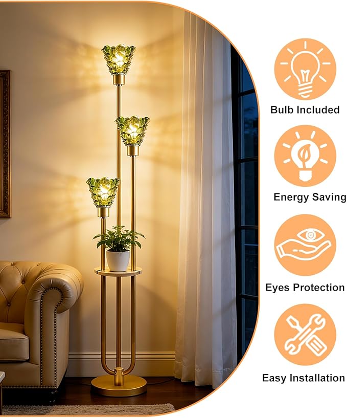 3-Light Modern Glass Floor Lamp with Shelf, Gold Tall Standing Lamp with Green Flower Glass Shade, LED Floor Lamp with Foot Switch for Living Room Bedroom Home Decor, Bulb Included